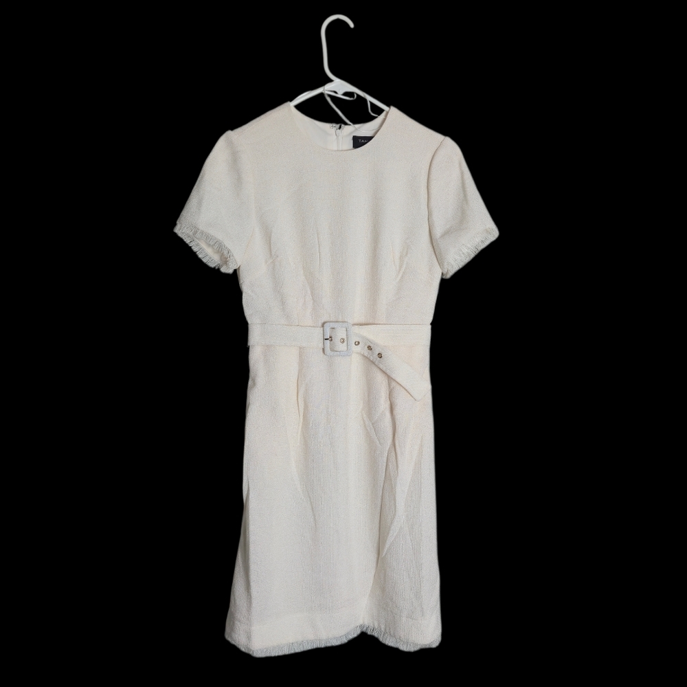 Tahari Vanilla Belted Textured Sheath Dress Off White Cream Fringe Short Sleeve - Picture 2 of 14